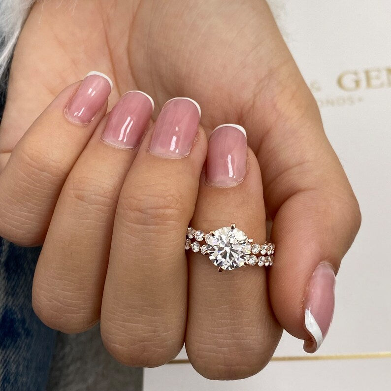 14K Gold Round Lab Grown Diamond Engagement Ring with Matching Diamond Eternity Band 2Ct Center Round Cut Wedding Anniversary Ring Gifts For Her