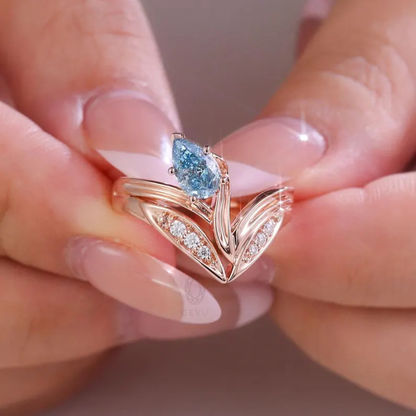 14K Solid Gold  Art Deco Pear Vivid Blue Lab Grown Diamond Engagement Ring Antique Wedding Gifts For Her