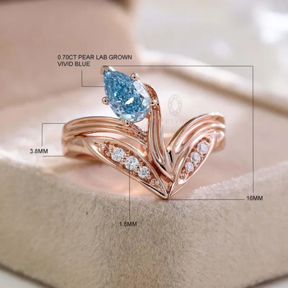 14K Solid Gold  Art Deco Pear Vivid Blue Lab Grown Diamond Engagement Ring Antique Wedding Gifts For Her