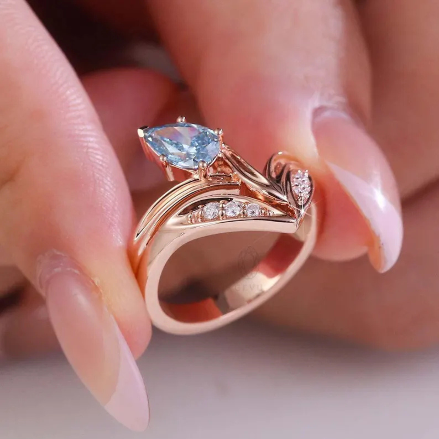 14K Solid Gold  Art Deco Pear Vivid Blue Lab Grown Diamond Engagement Ring Antique Wedding Gifts For Her