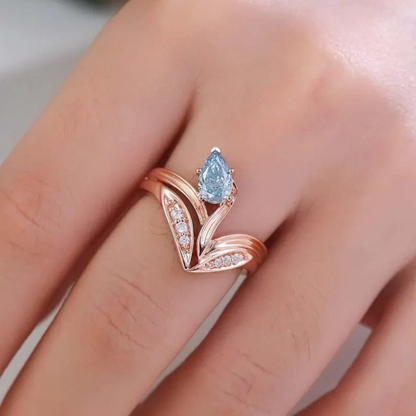 14K Solid Gold  Art Deco Pear Vivid Blue Lab Grown Diamond Engagement Ring Antique Wedding Gifts For Her