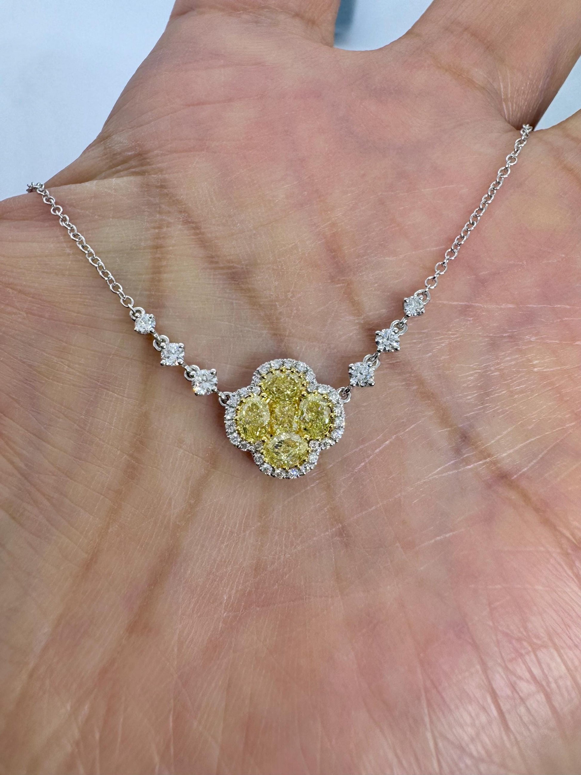14K White Gold Fancy Yellow Lab Grown Diamond Flower  Pendant Necklace