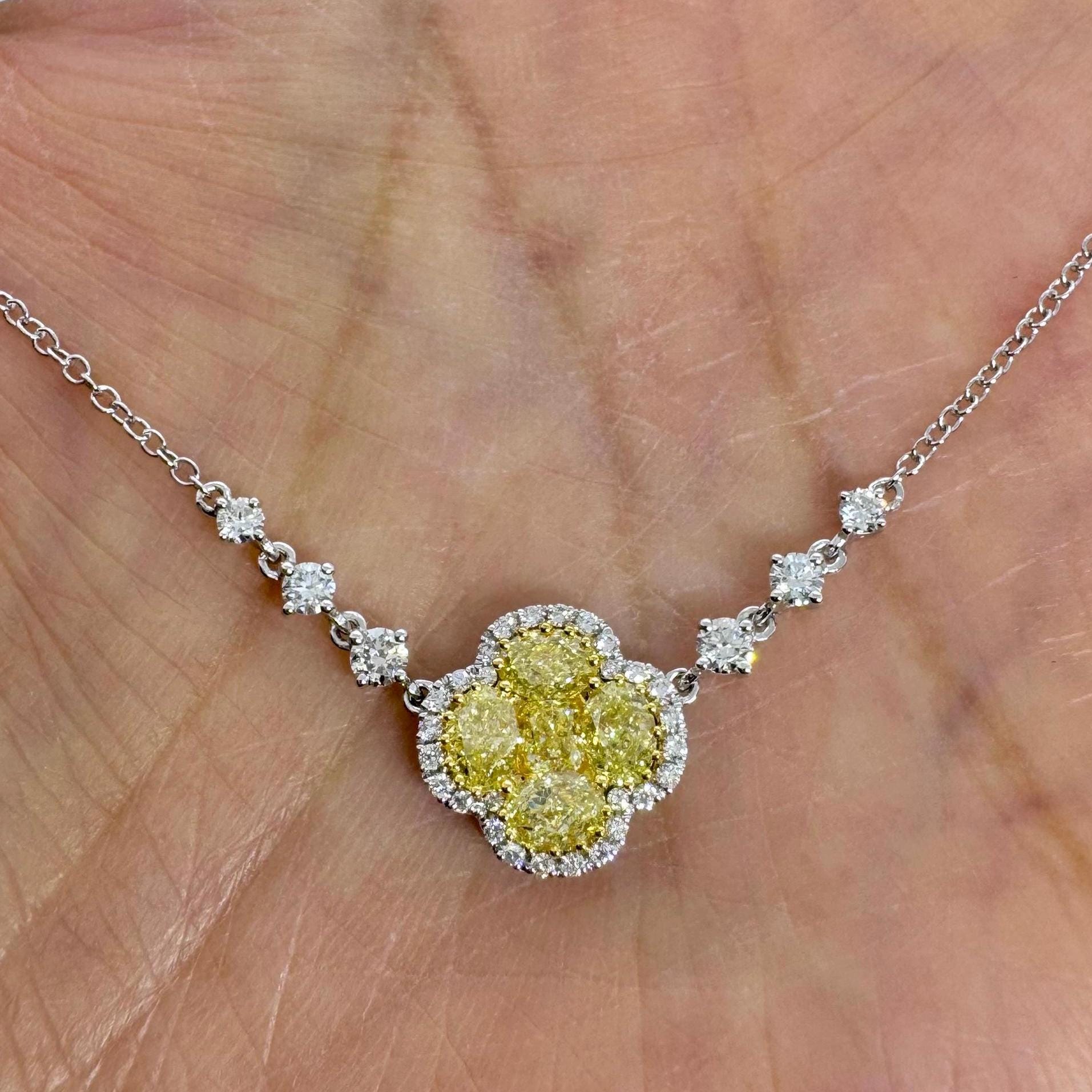 14K White Gold Fancy Yellow Lab Grown Diamond Flower  Pendant Necklace