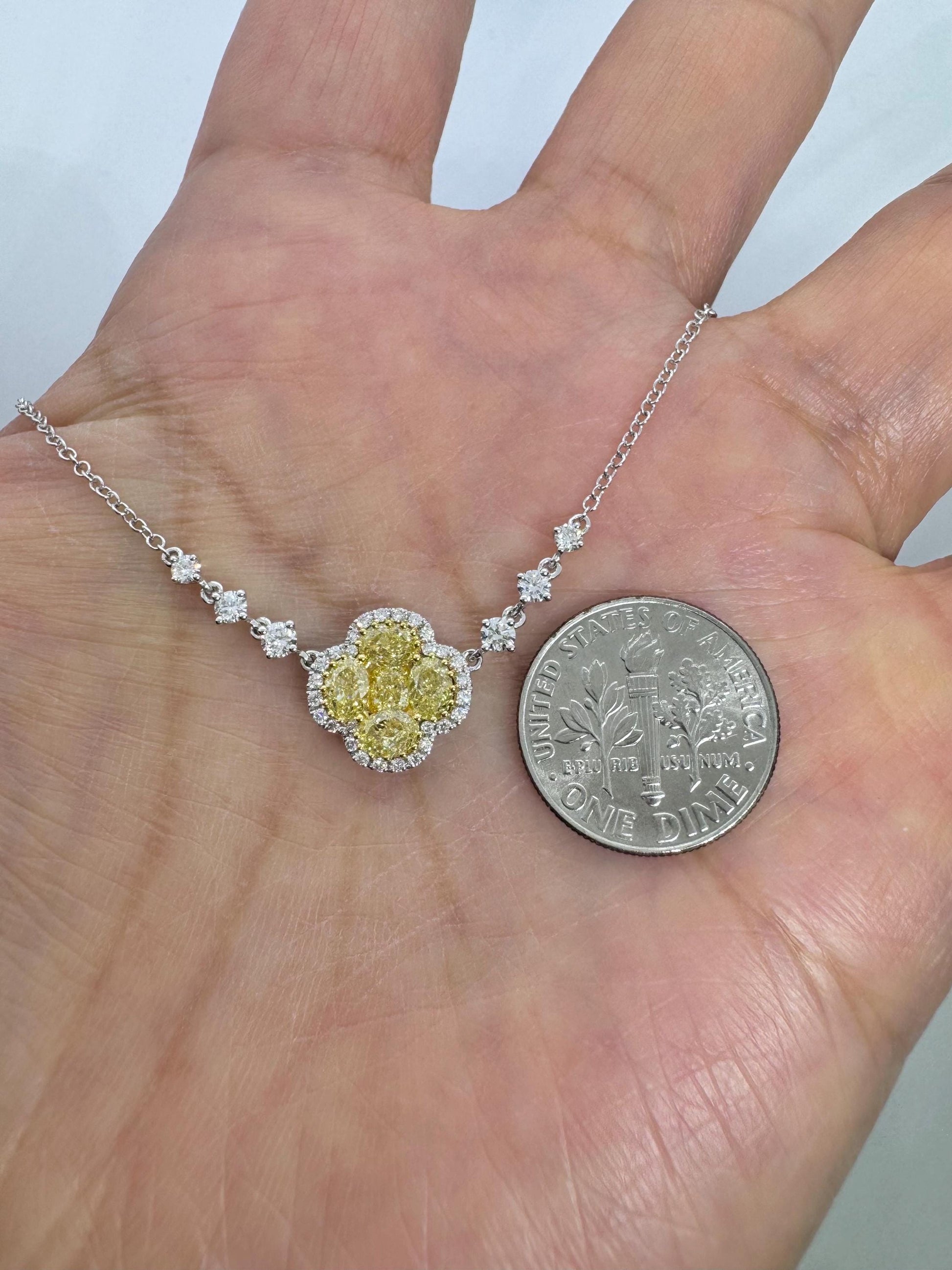 14K White Gold Fancy Yellow Lab Grown Diamond Flower  Pendant Necklace