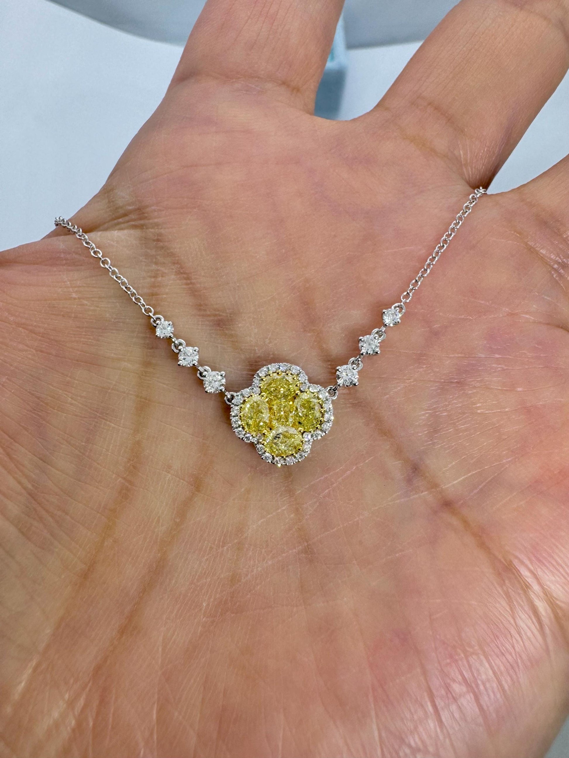 14K White Gold Fancy Yellow Lab Grown Diamond Flower  Pendant Necklace