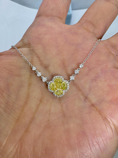 14K White Gold Fancy Yellow Lab Grown Diamond Flower  Pendant Necklace