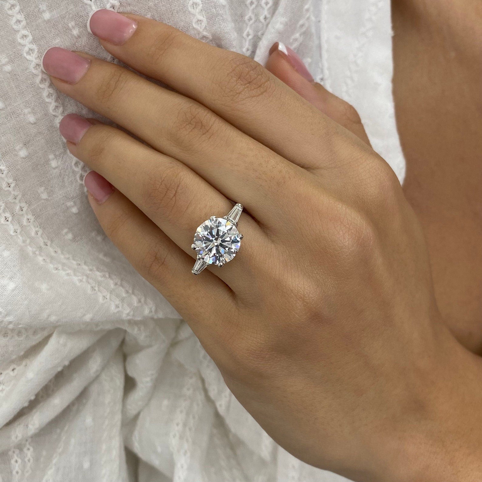 14kt White Gold 5.60 CT Round Cut Moissanite Diamond Three Stone Engagement Ring