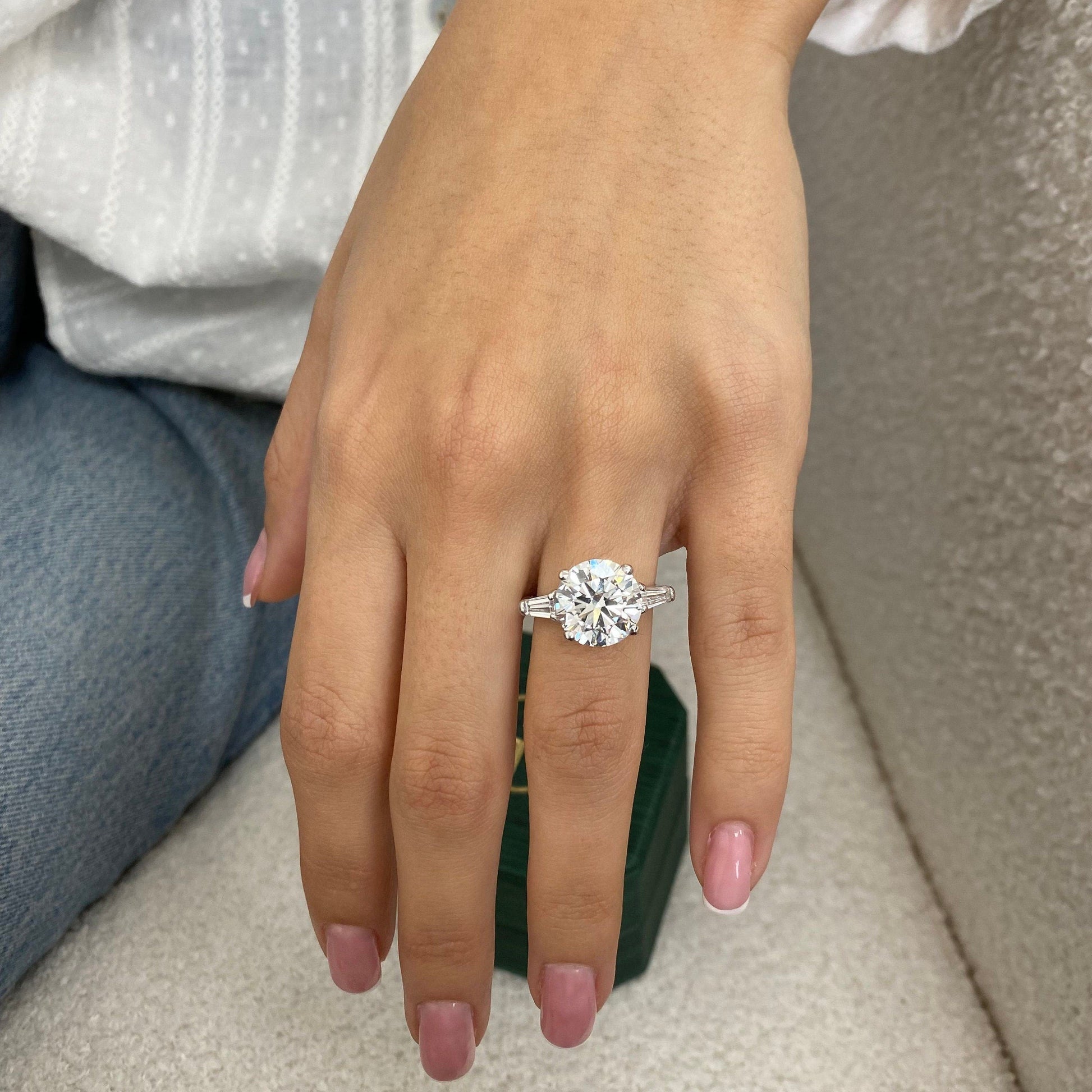 14kt White Gold 5.60 CT Round Cut Moissanite Diamond Three Stone Engagement Ring