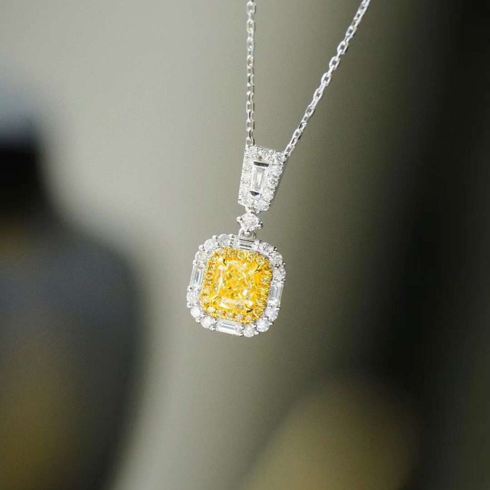 14k white gold Cushion cut Intense yellow Lab Grown diamond Quality Hallo pendant necklace