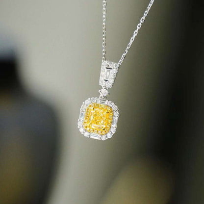 14k white gold Cushion cut Intense yellow Lab Grown diamond Quality Hallo pendant necklace