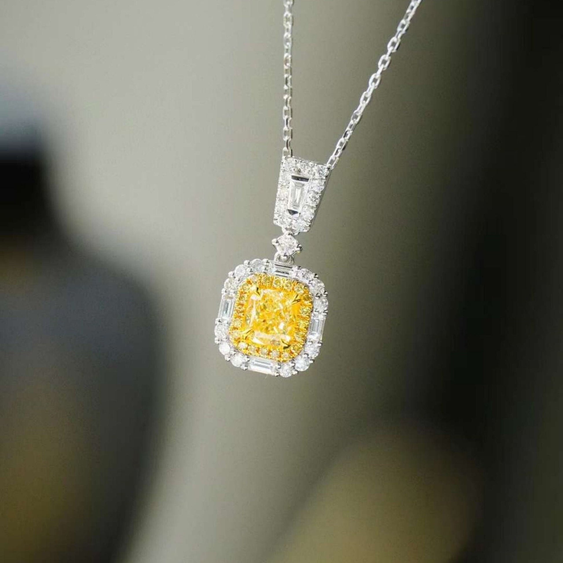 14k white gold Cushion cut Intense yellow Lab Grown diamond Quality Hallo pendant necklace
