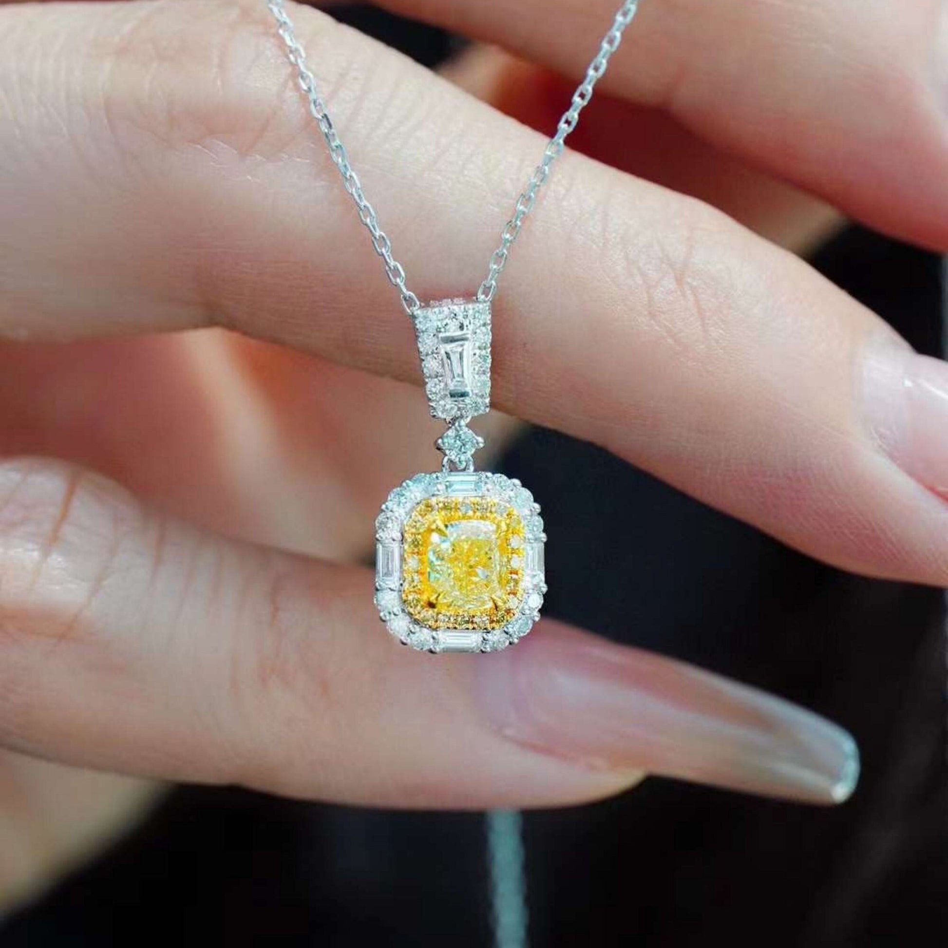 14k white gold Cushion cut Intense yellow Lab Grown diamond Quality Hallo pendant necklace