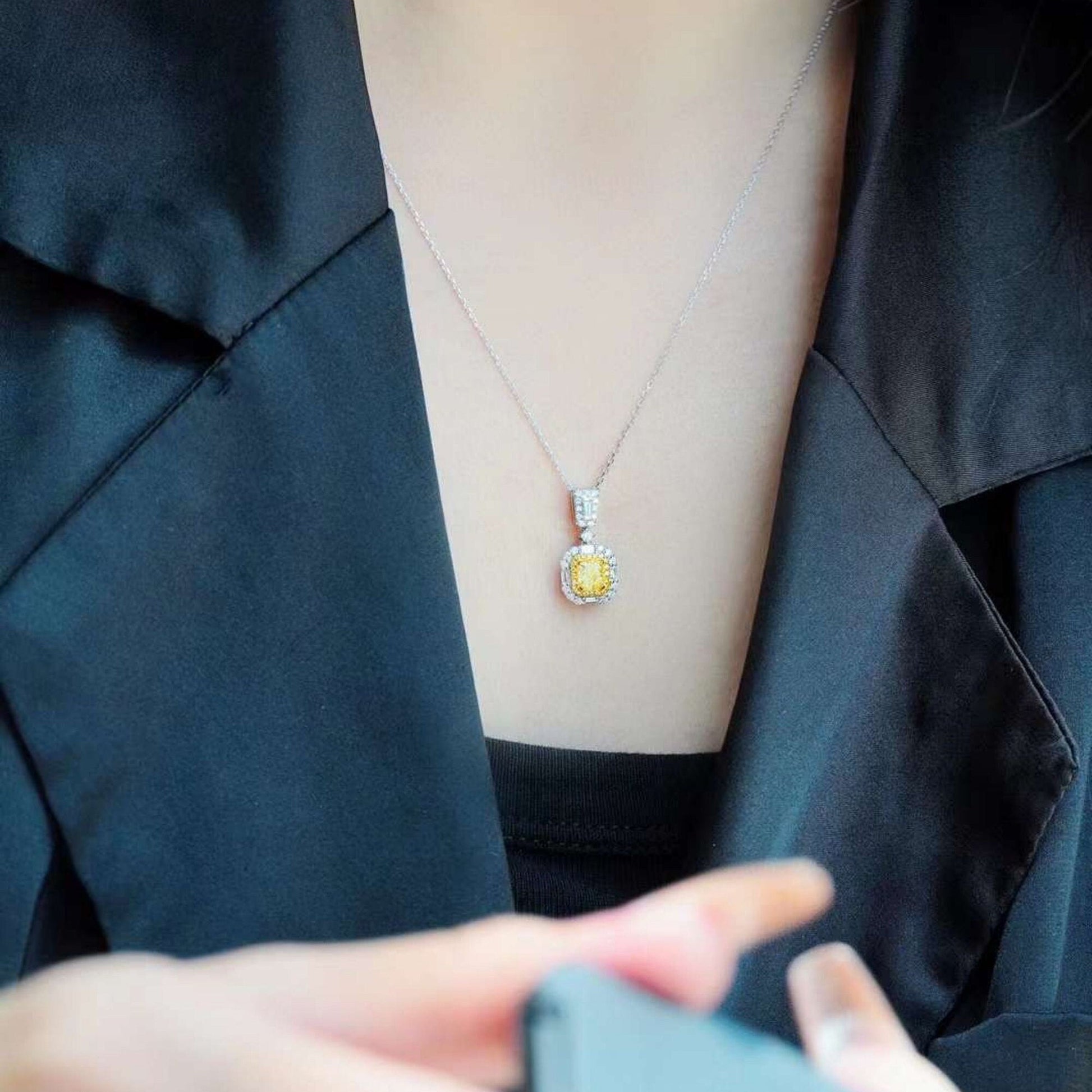 14k white gold Cushion cut Intense yellow Lab Grown diamond Quality Hallo pendant necklace
