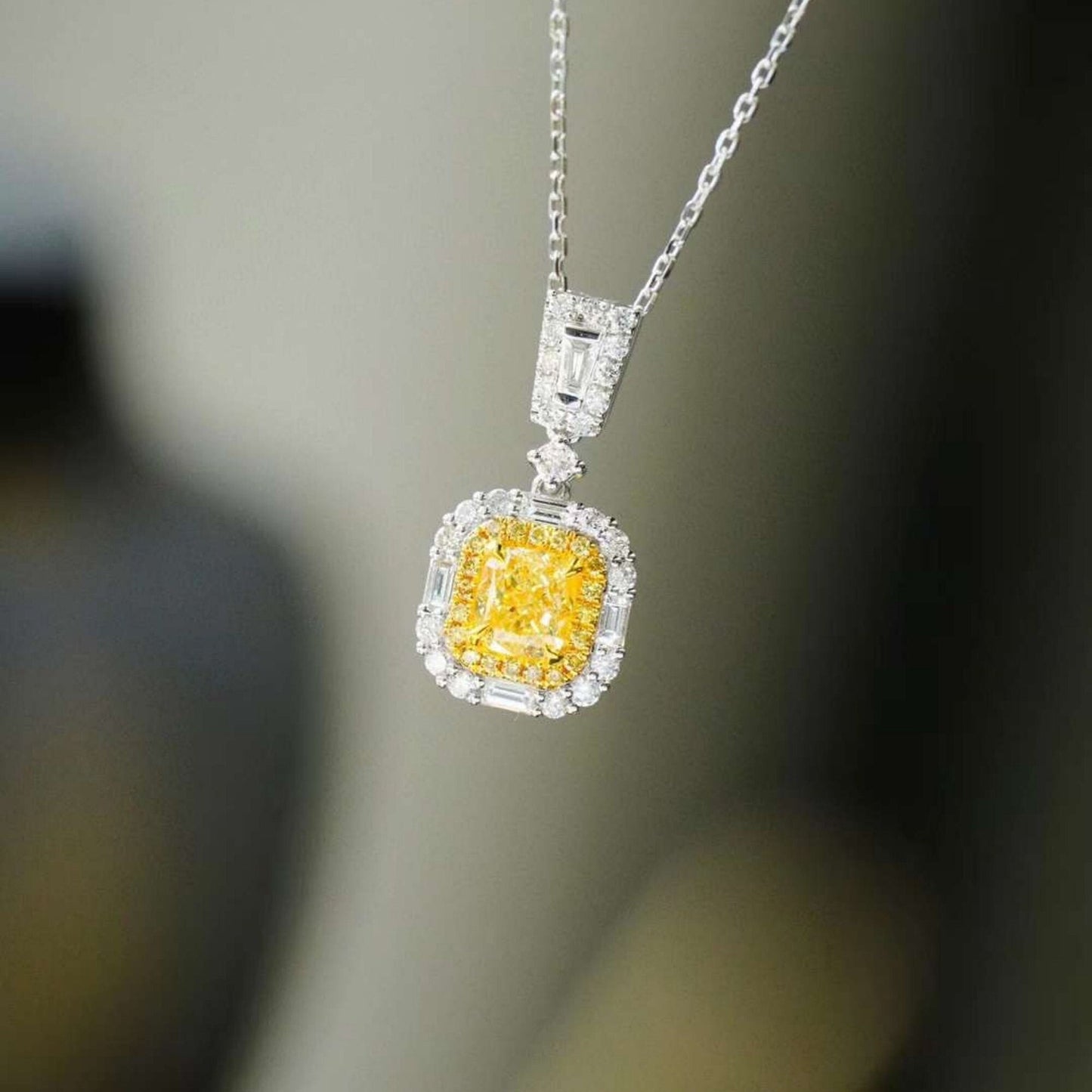 14k white gold Cushion cut Intense yellow Lab Grown diamond Quality Hallo pendant necklace