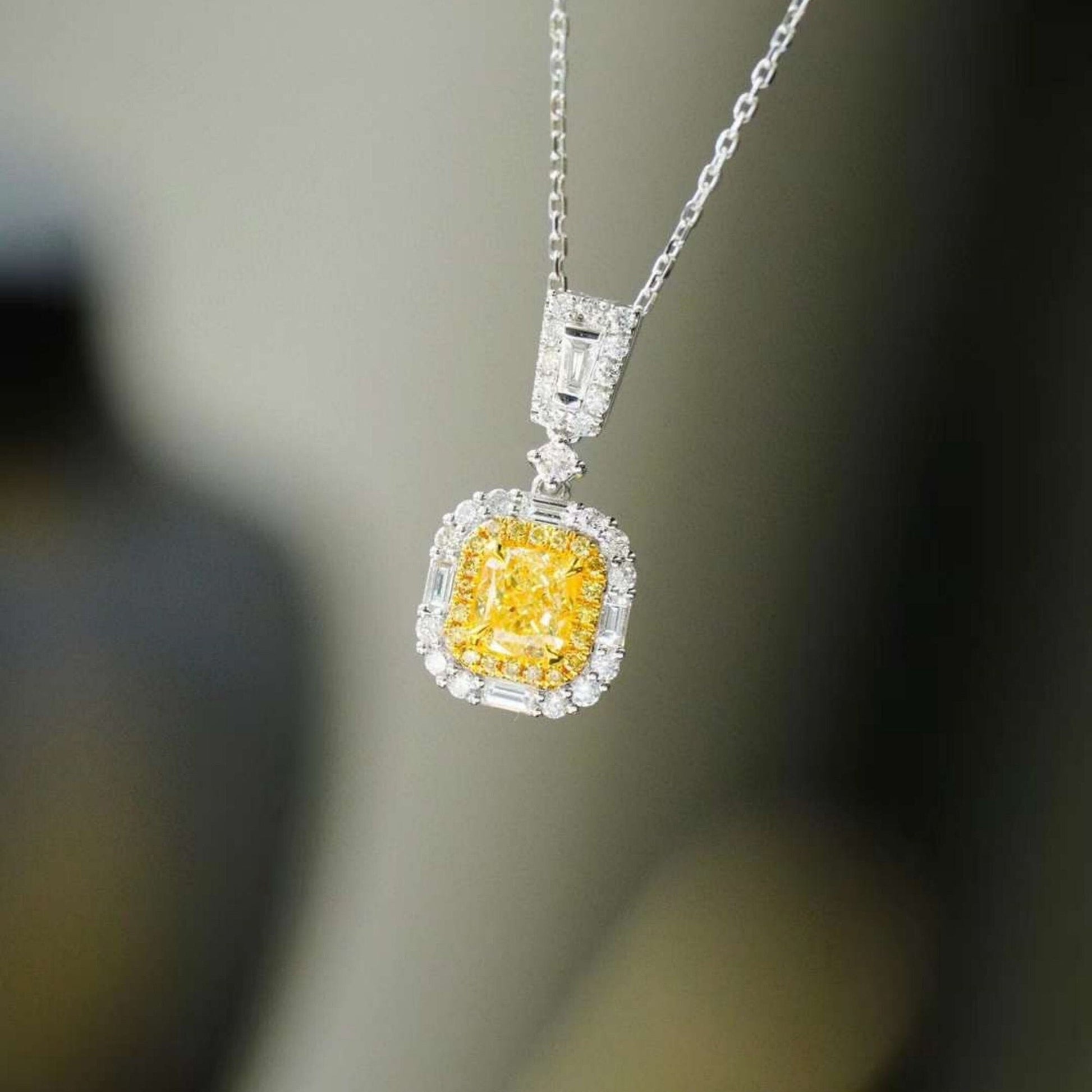 14k white gold Cushion cut Intense yellow Lab Grown diamond Quality Hallo pendant necklace
