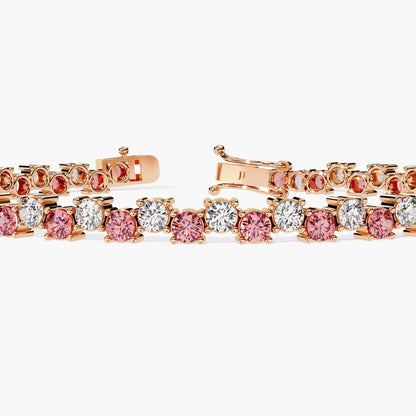 2.00 mm Round Cut Pink and White Lab Grown Diamond Statement Layering Tennis Bracelet