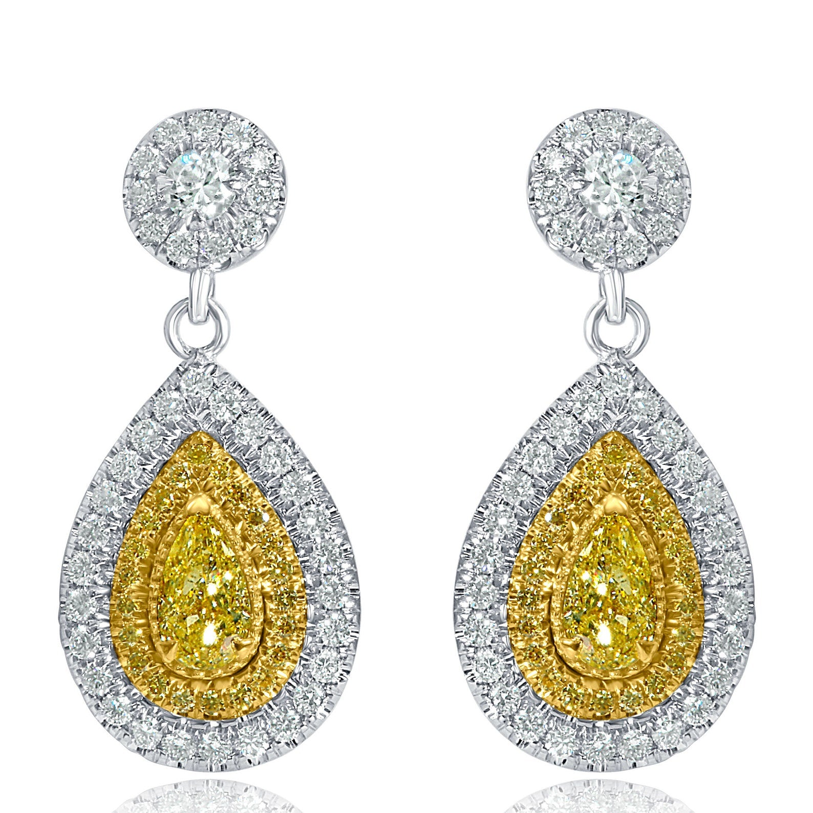 2.05CT Intense Yellow Pear & Round Cut Diamond Drop Dangle Halo Earrings