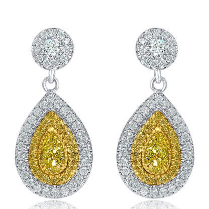 2.05CT Intense Yellow Pear & Round Cut Diamond Drop Dangle Halo Earrings