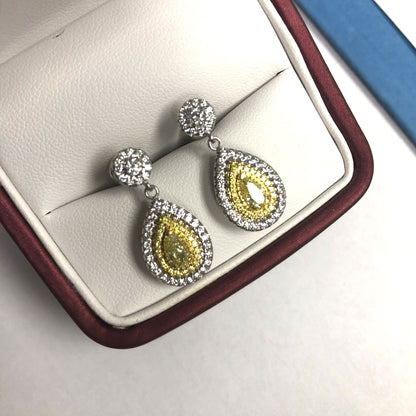 2.05CT Intense Yellow Pear & Round Cut Diamond Drop Dangle Halo Earrings