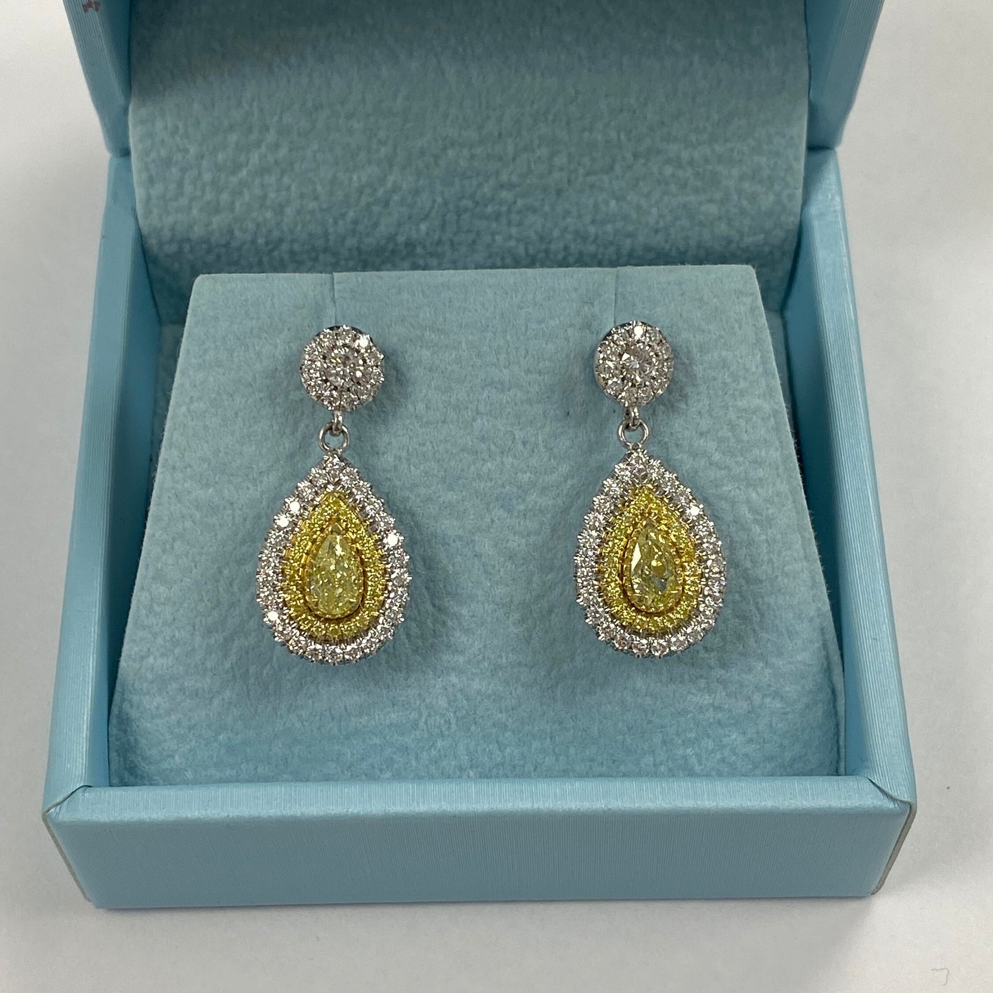 2.05CT Intense Yellow Pear & Round Cut Diamond Drop Dangle Halo Earrings