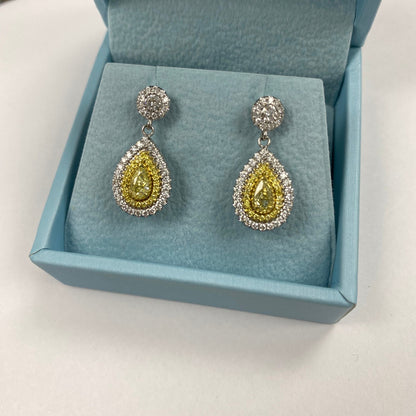 2.05CT Intense Yellow Pear & Round Cut Diamond Drop Dangle Halo Earrings