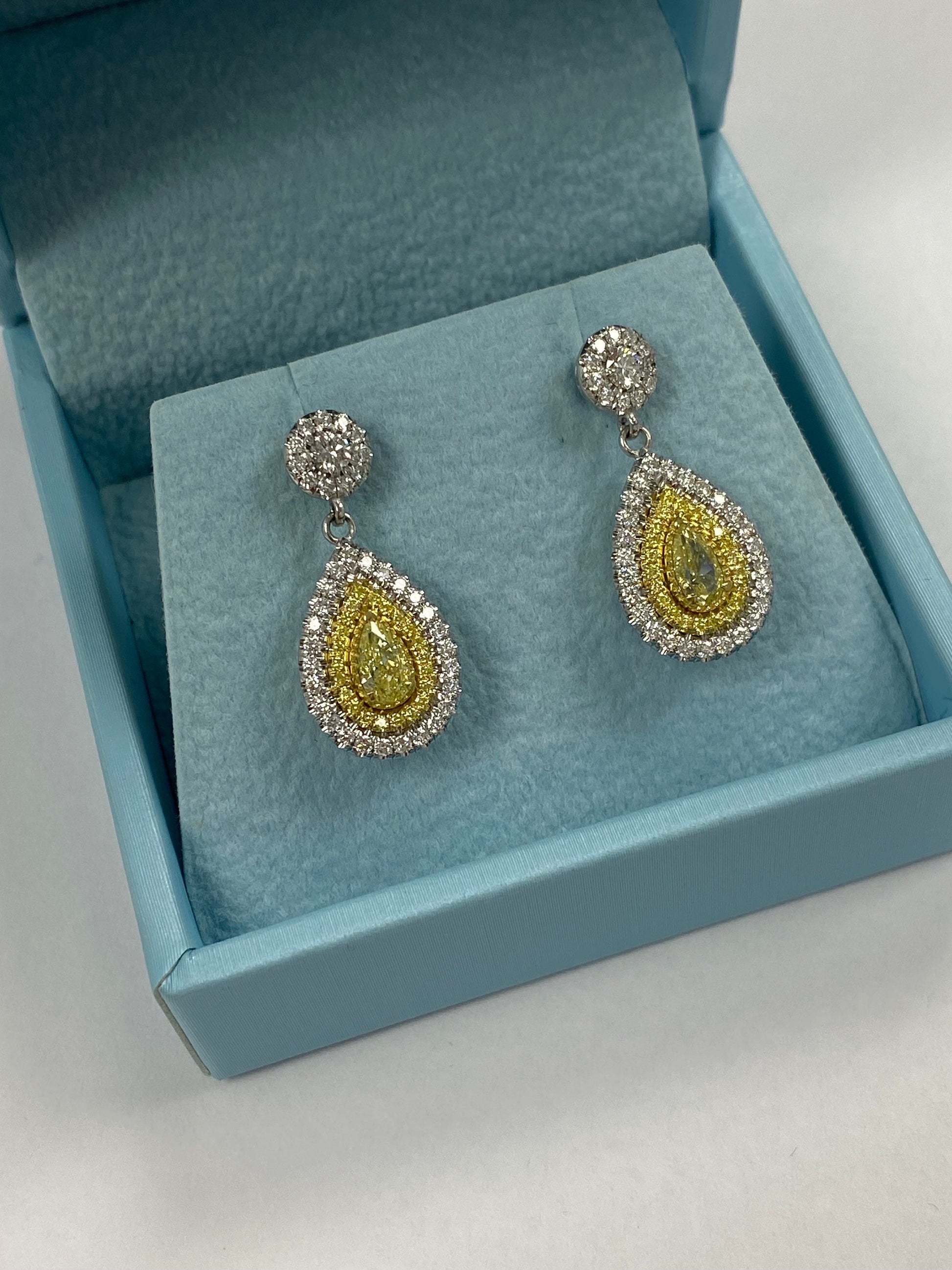 2.05CT Intense Yellow Pear & Round Cut Diamond Drop Dangle Halo Earrings