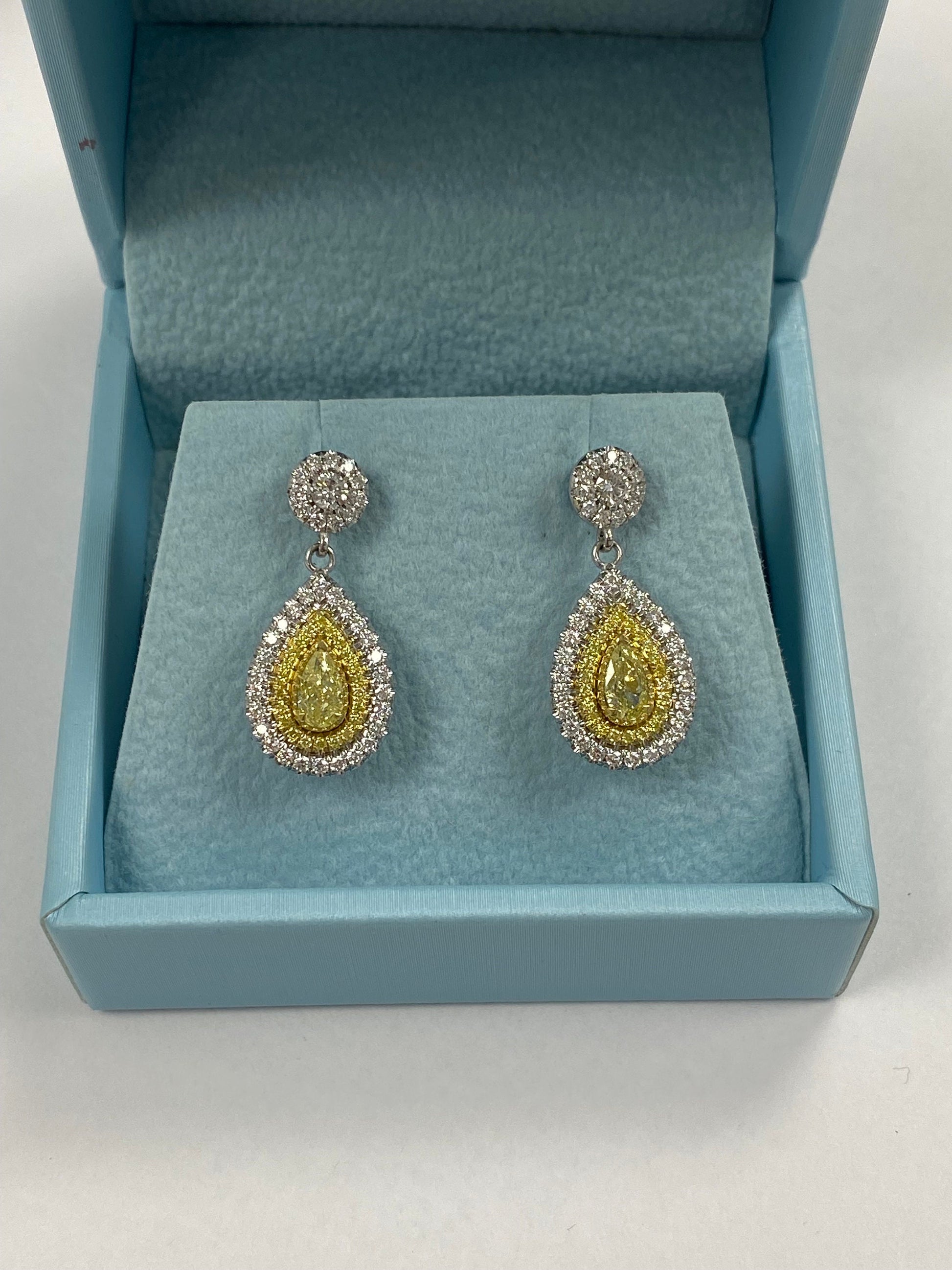 2.05CT Intense Yellow Pear & Round Cut Diamond Drop Dangle Halo Earrings