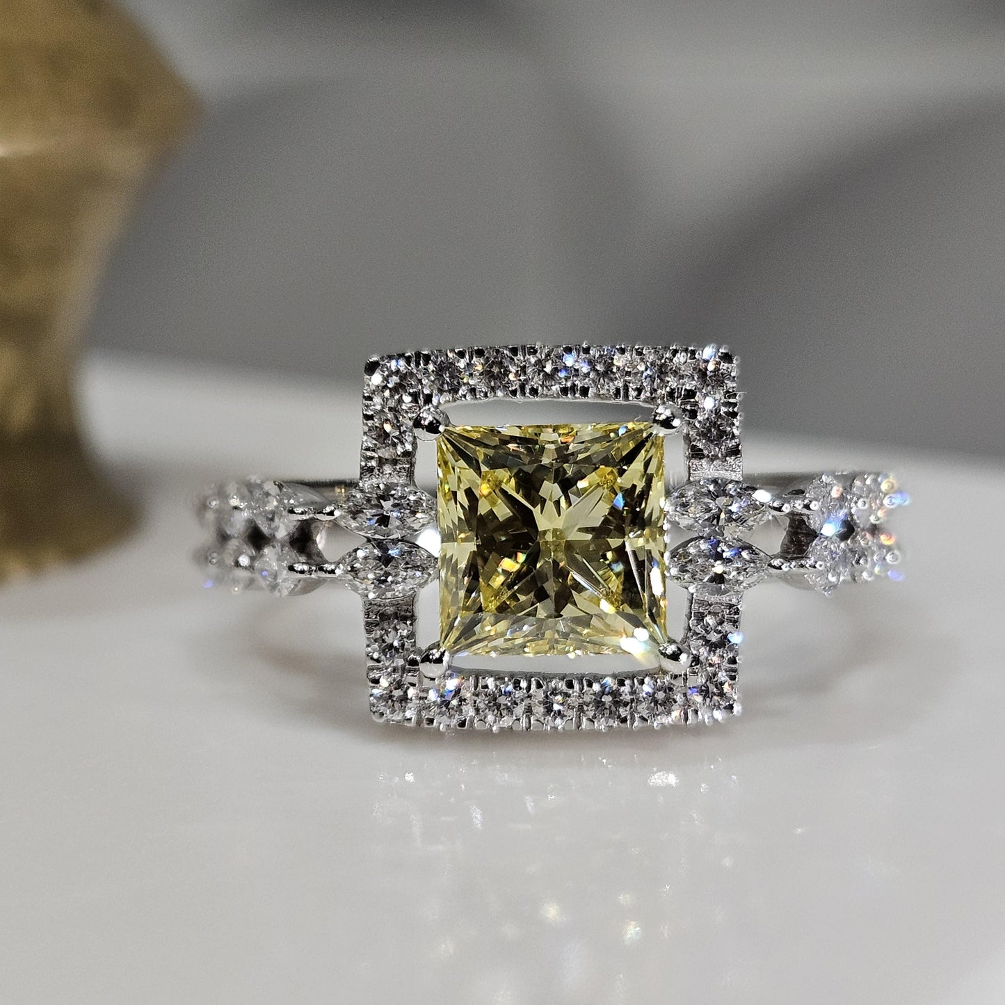 2.10CT Princess Cut Lab Grown Diamond Marquise & Round Halo Sparkling Engagement