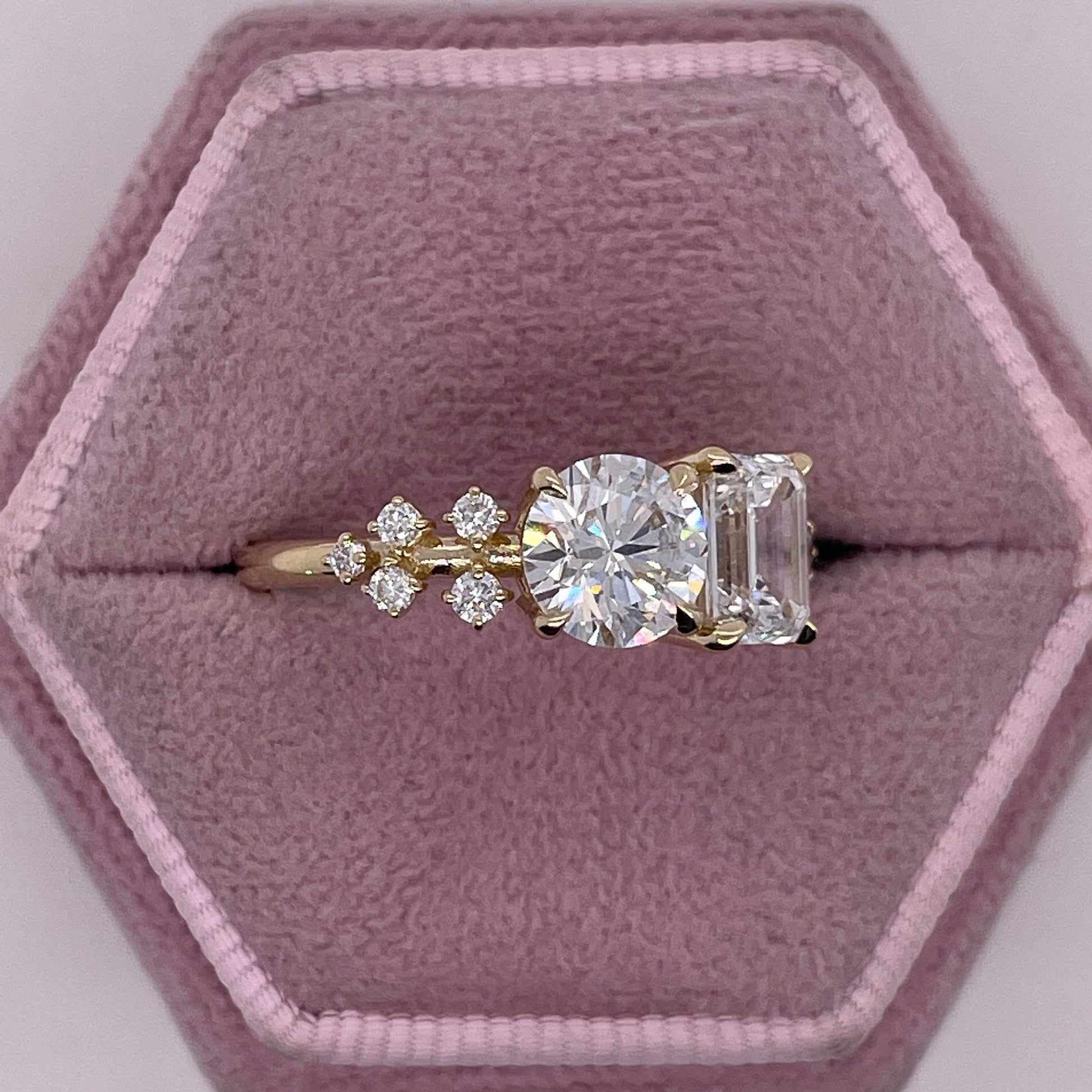 2.19 Carat Round & Emerald Cut Lab Grown Two Stone Diamond Engagement Ring