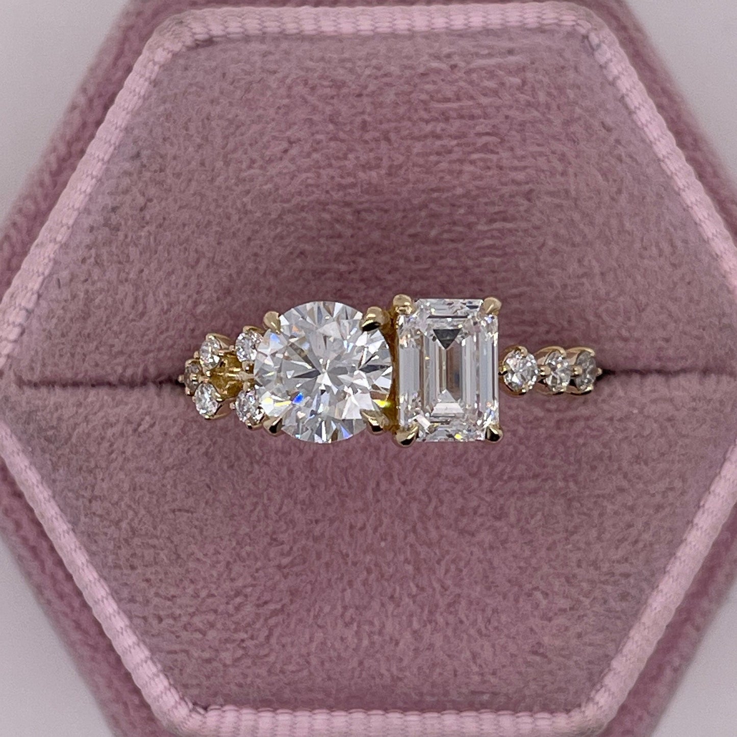 2.19 Carat Round & Emerald Cut Lab Grown Two Stone Diamond Engagement Ring