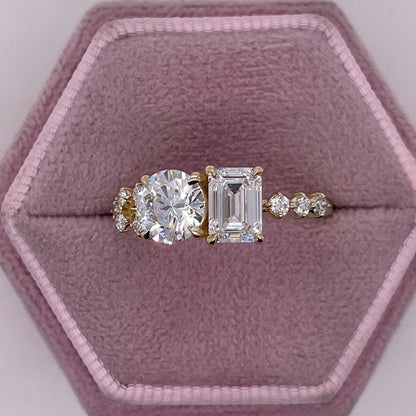 2.19 Carat Round & Emerald Cut Lab Grown Two Stone Diamond Engagement Ring