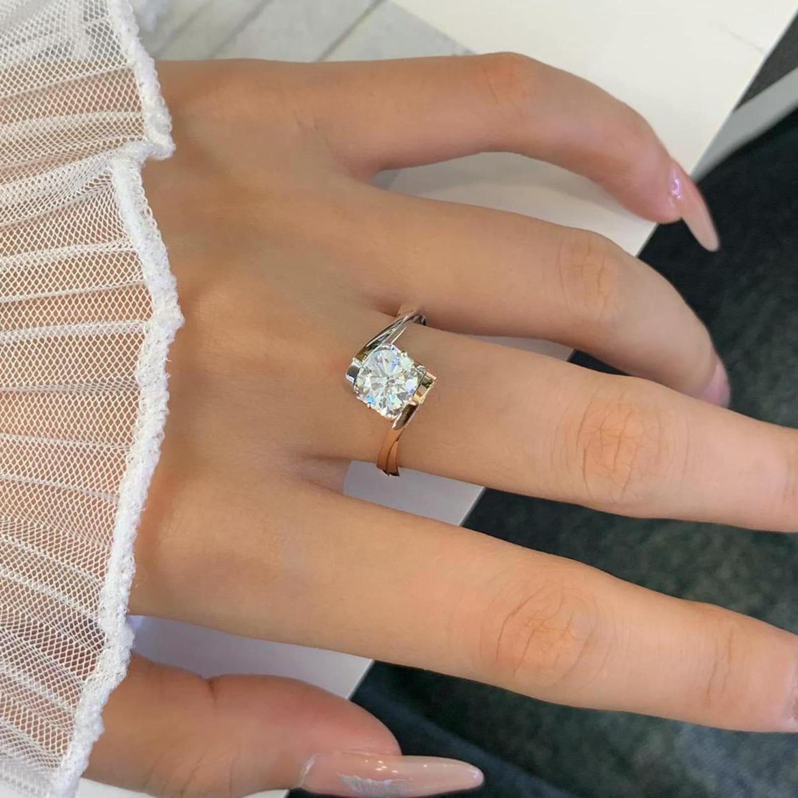 2.20CT Round Moissanite Diamond Unique Design With Bypass Band Two Tone Engagement Ring