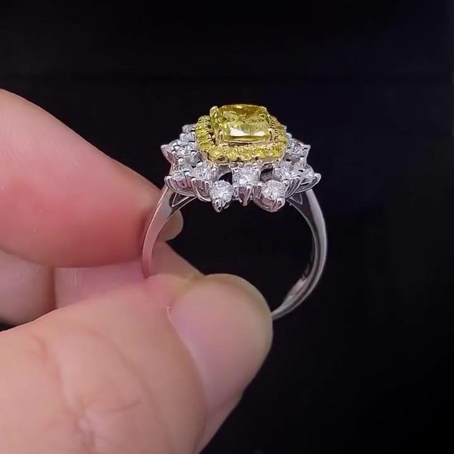 2.29TCW Cushion Cut Intense Yellow Lab Grown Diamond Double halo Engagement Ring