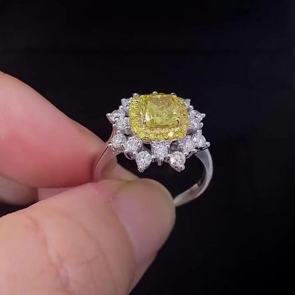 2.29TCW Cushion Cut Intense Yellow Lab Grown Diamond Double halo Engagement Ring