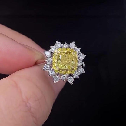 2.29TCW Cushion Cut Intense Yellow Lab Grown Diamond Double halo Engagement Ring