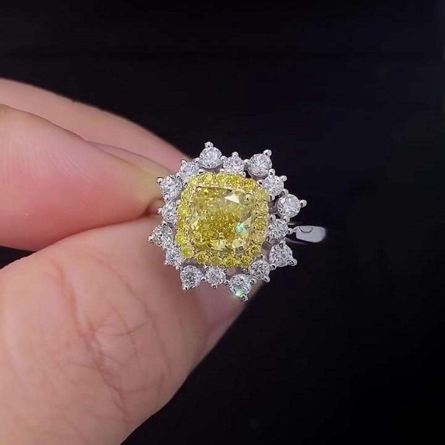 2.29TCW Cushion Cut Intense Yellow Lab Grown Diamond Double halo Engagement Ring