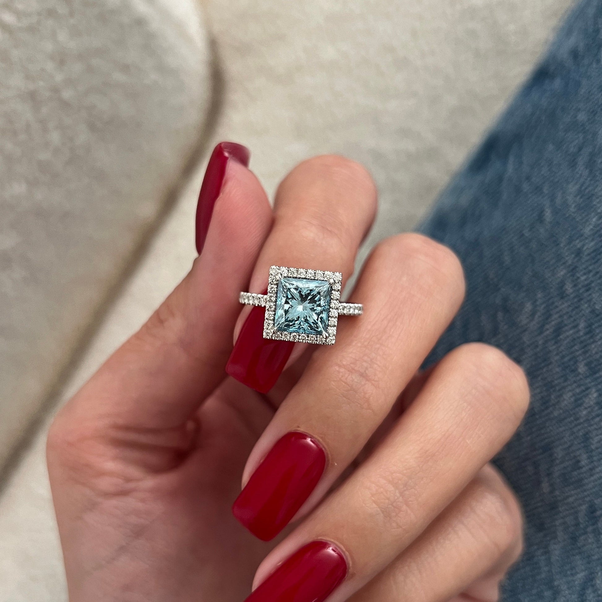 2.37 CT Classic Princess Cut Fancy Vivid Blue pave Set Halo Engagement Ring