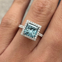 2.37 CT Classic Princess Cut Fancy Vivid Blue pave Set Halo Engagement Ring