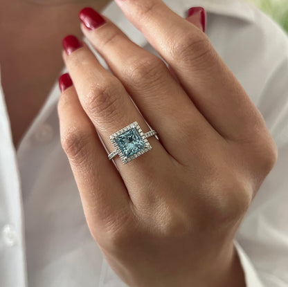 2.37 CT Classic Princess Cut Fancy Vivid Blue pave Set Halo Engagement Ring