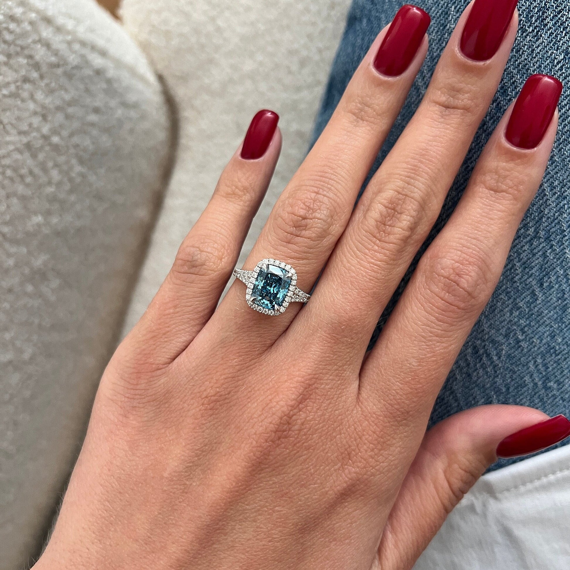 2.41 CT Cushion Fancy Vivid Blue Lab Grown Diamond Split Shank Pave Set Halo Engagement Ring