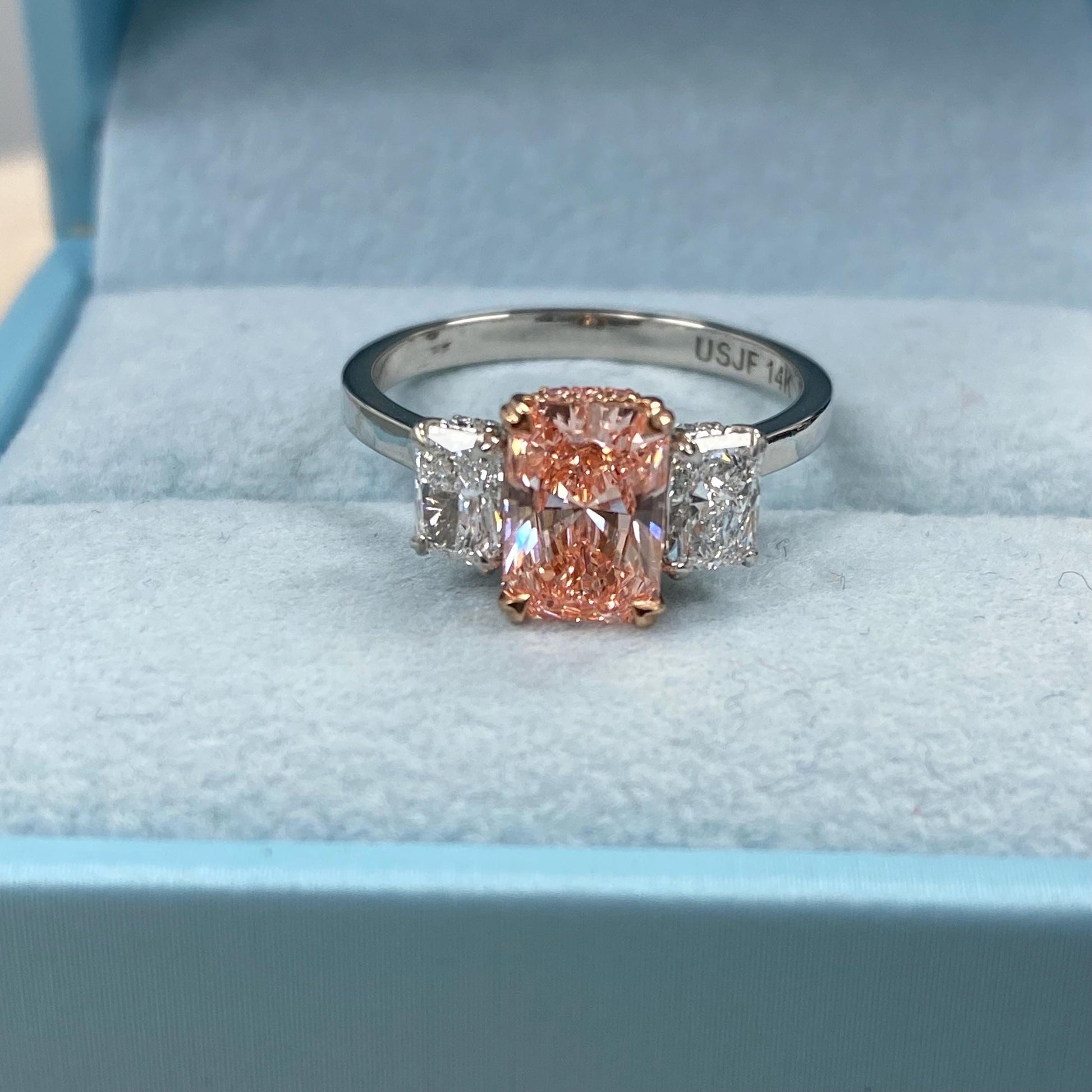 2.45TCW Radiant Cut Vivid Pink Lab Grown Diamond 3 Stone Anniversary Engagement Ring