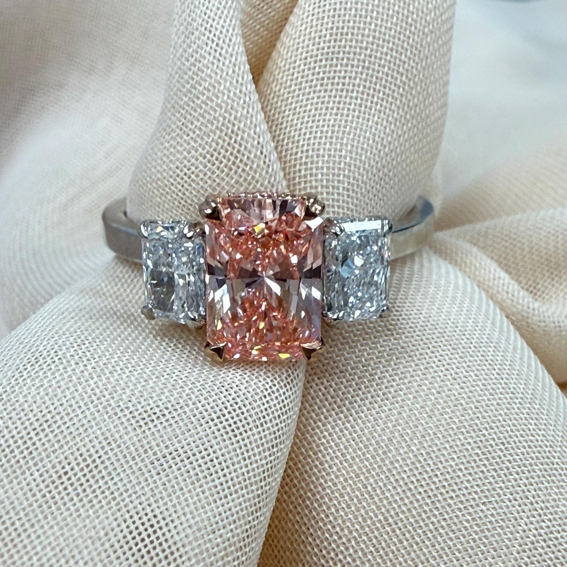 2.45TCW Radiant Cut Vivid Pink Lab Grown Diamond 3 Stone Anniversary Engagement Ring