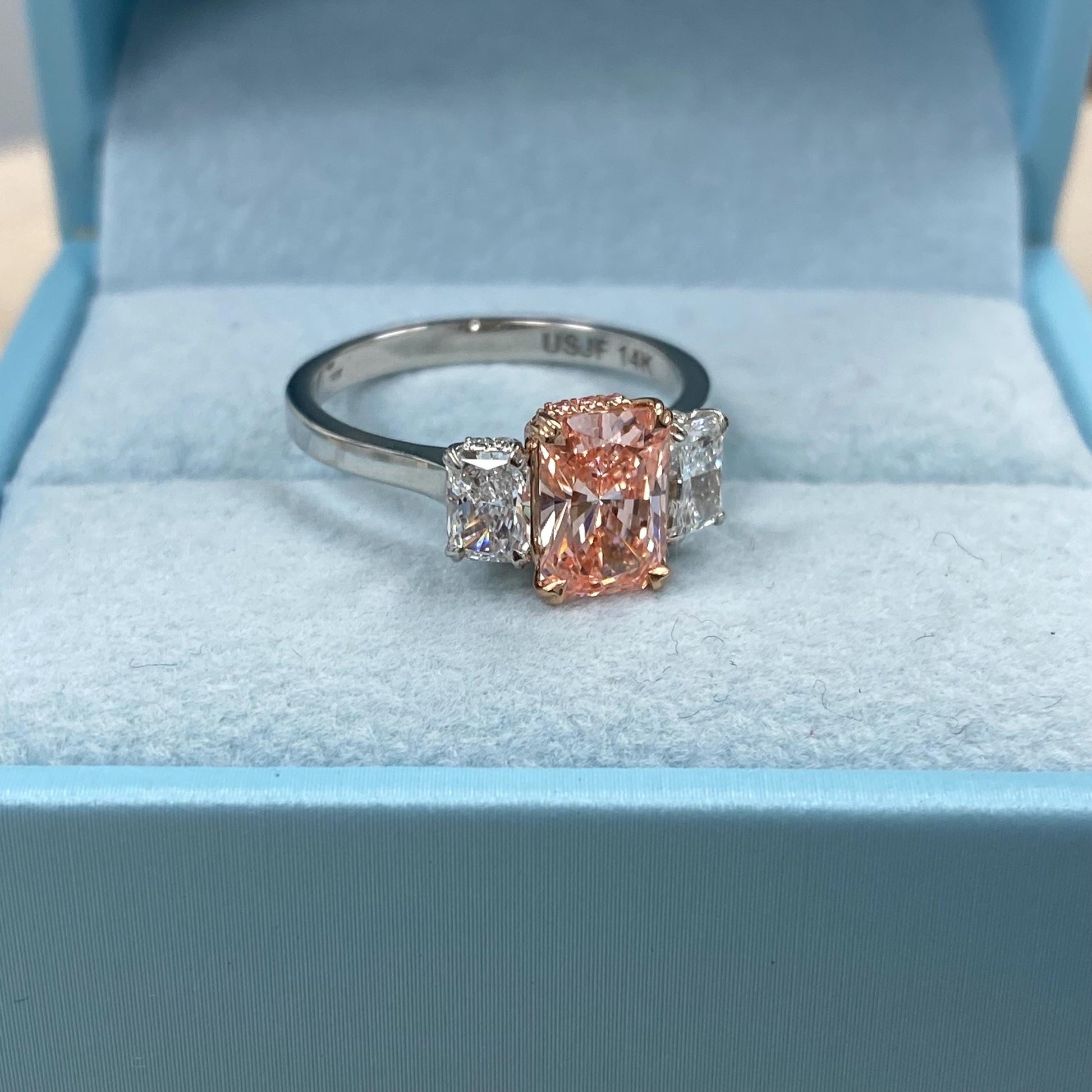 2.45TCW Radiant Cut Vivid Pink Lab Grown Diamond 3 Stone Anniversary Engagement Ring