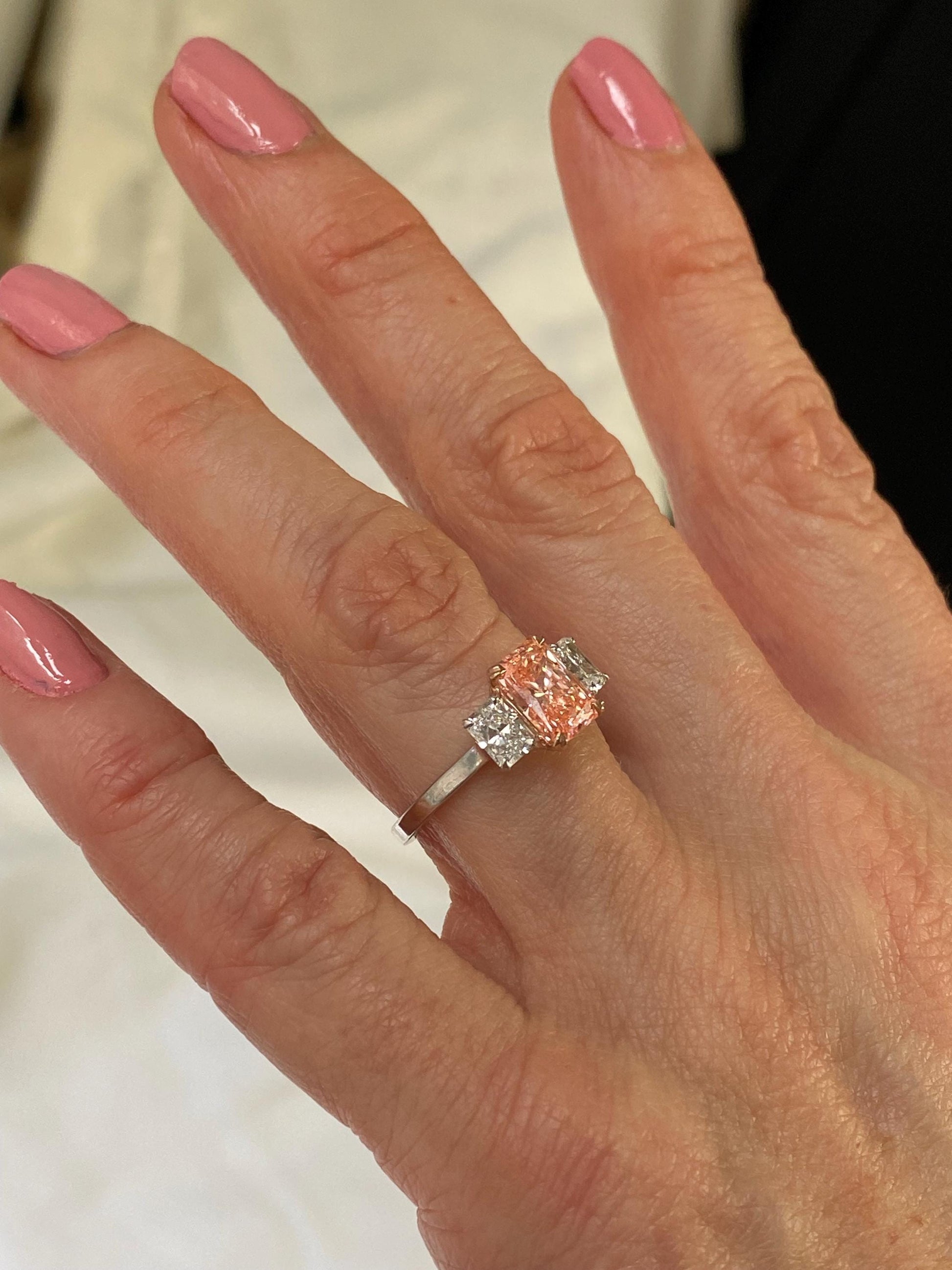 2.45TCW Radiant Cut Vivid Pink Lab Grown Diamond 3 Stone Anniversary Engagement Ring