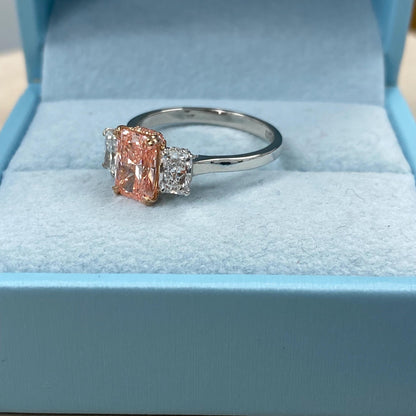 2.45TCW Radiant Cut Vivid Pink Lab Grown Diamond 3 Stone Anniversary Engagement Ring