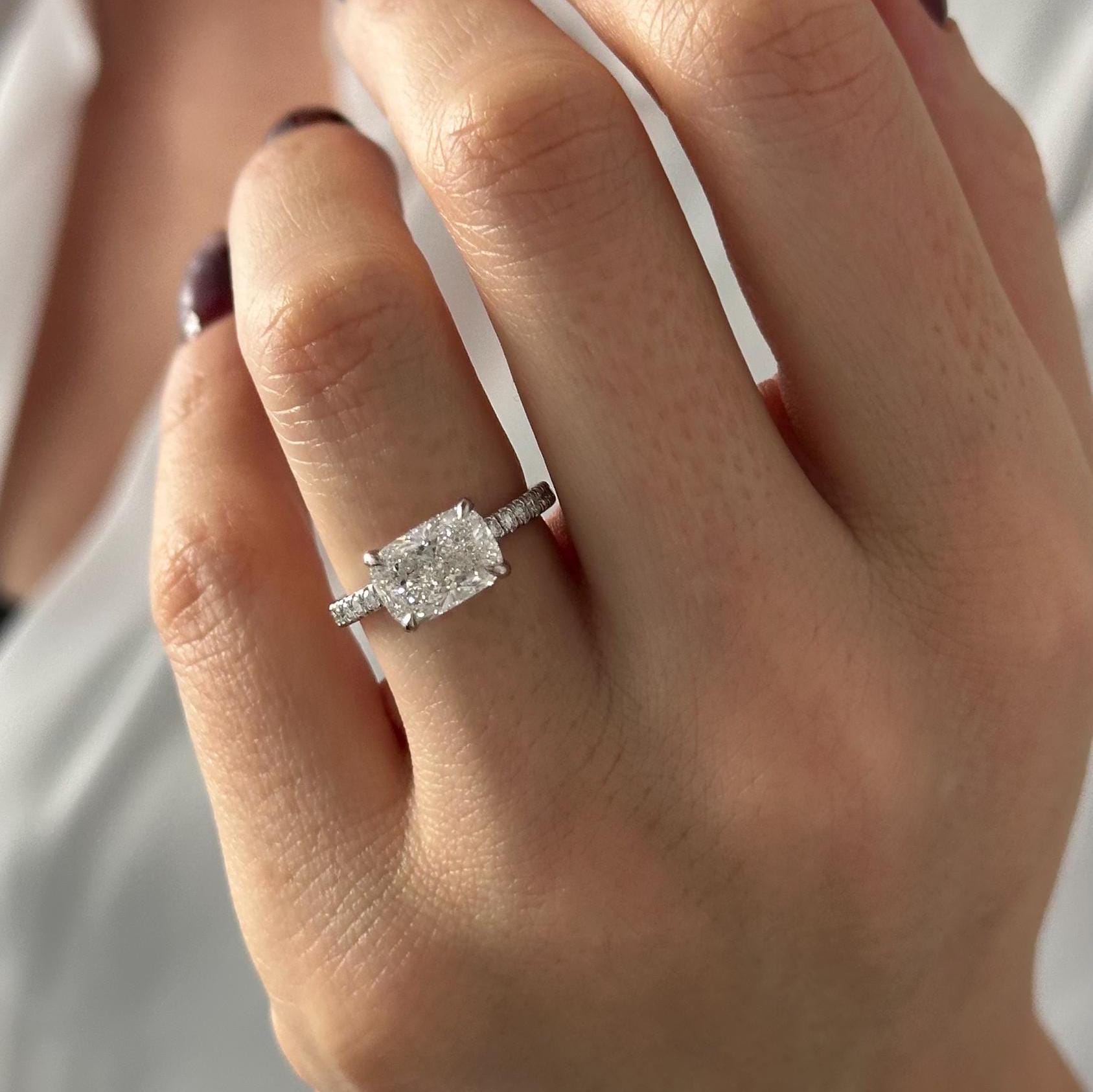 2.50CT Elongated Cushion Moissanite Diamond East West Hidden Halo & Pave Set Engagement Ring