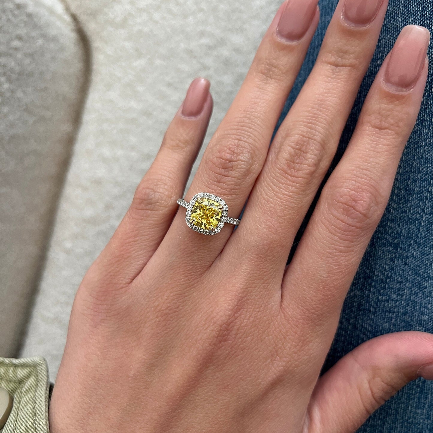 2.55CT Cushion Fancy Intense Yellow Lab Grown Diamond Two Tone Halo Pave Engagement Ring