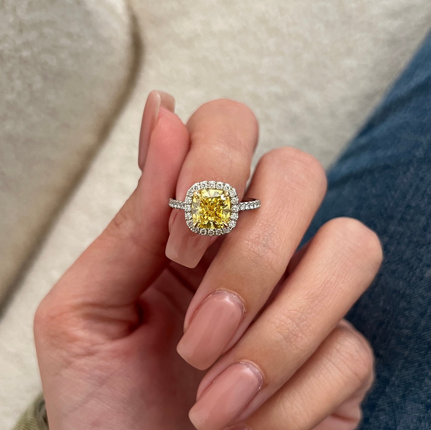 2.55CT Cushion Fancy Intense Yellow Lab Grown Diamond Two Tone Halo Pave Engagement Ring