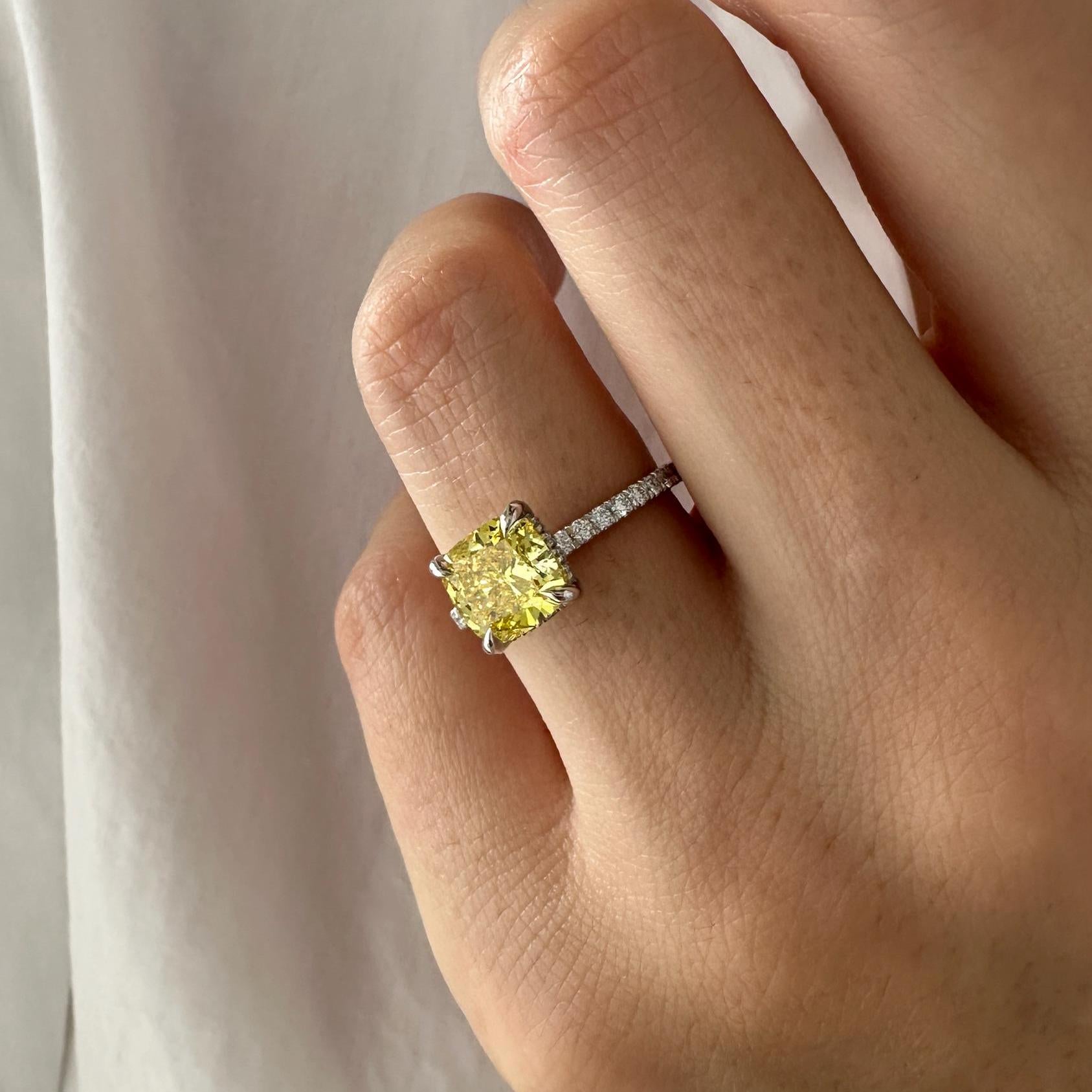 2.5CT Cushion Fancy Intense Yellow Lab Grown Diamond Pave Set Hidden Halo Engagement Ring