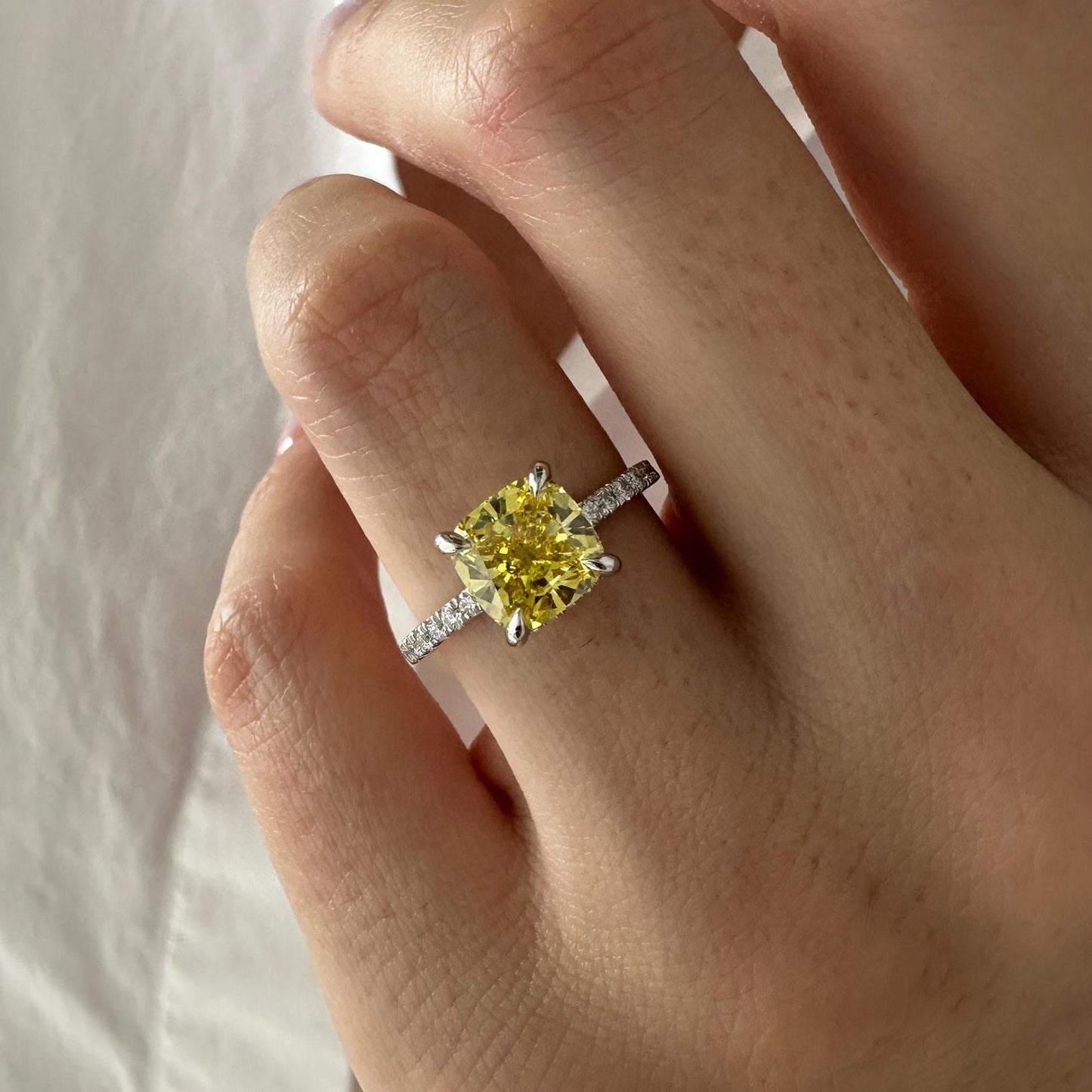 2.5CT Cushion Fancy Intense Yellow Lab Grown Diamond Pave Set Hidden Halo Engagement Ring